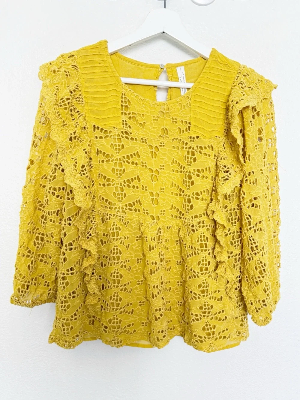 Anthropologie Clementine Eyelet Lace Ruffle Babydoll Blouse Yellow US 12